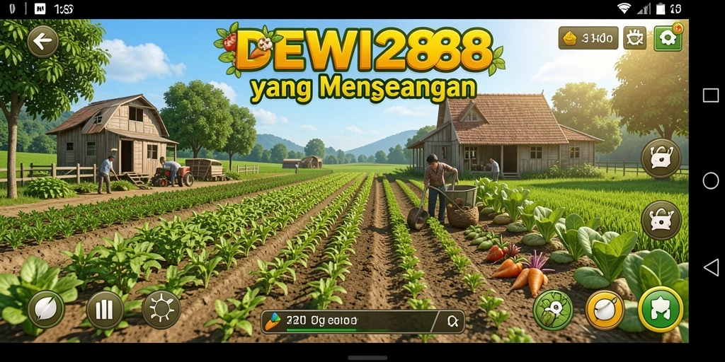 Tampilan gameplay DEWI288 dengan ladang hijau dan hewan ternak.