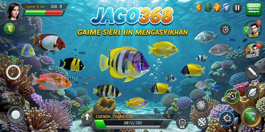 Tampilan gameplay seru dalam JAGO368 dengan berbagai ikan berwarna-warni.
