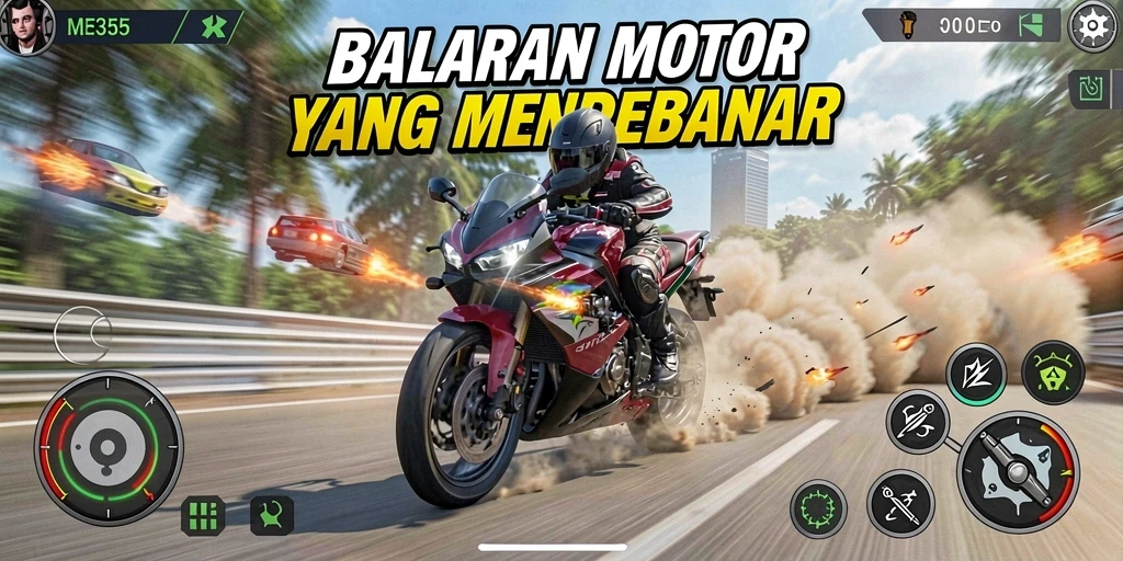 Tangkapan layar game ME355 menampilkan aksi balapan motor yang intens.