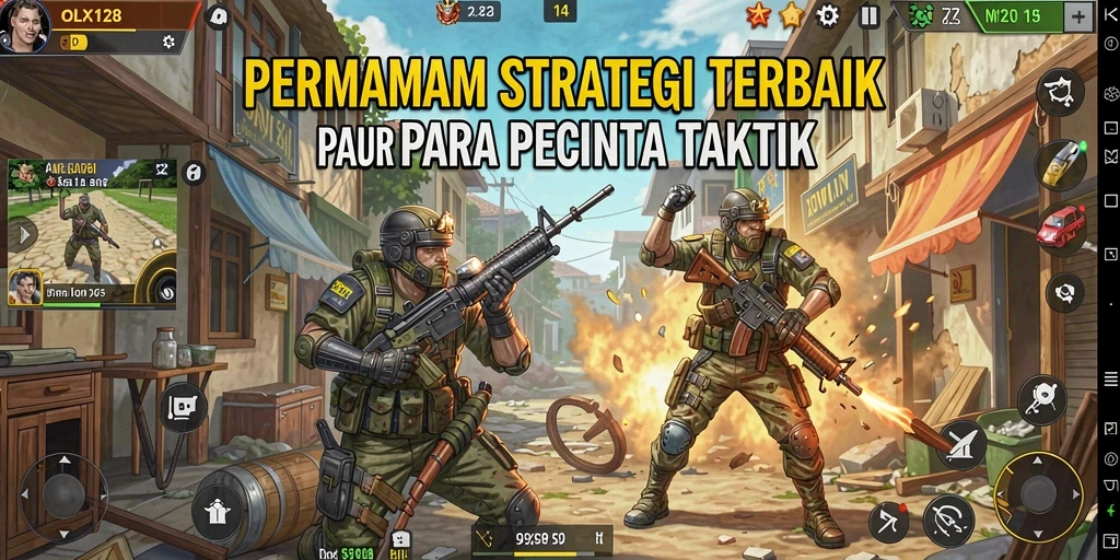 Screenshot gameplay OLX128 menampilkan strategi pertempuran yang intens.