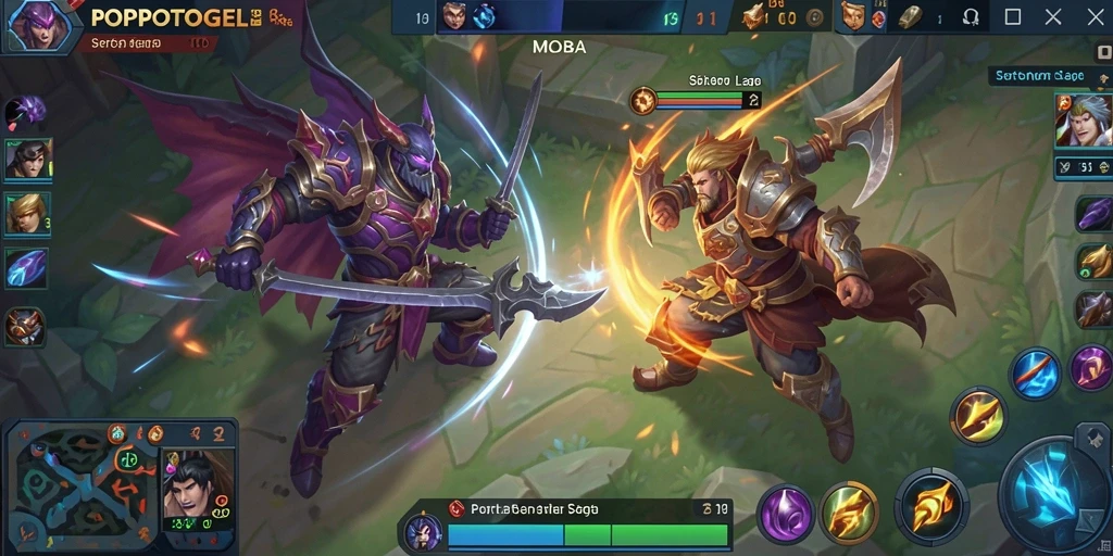 Screenshot gameplay menampilkan pertarungan seru di arena MOBA.
