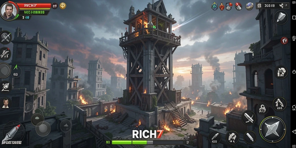 Screenshot gameplay RICH7 menampilkan menara dan musuh dalam aksi.