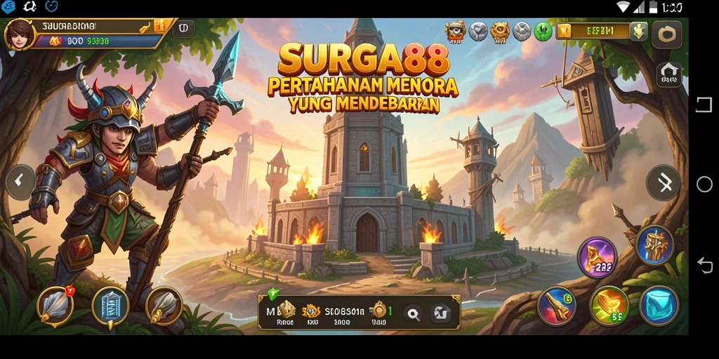 Tampilan gameplay menakjubkan dari SURGA88 dengan menara pertahanan yang strategis.