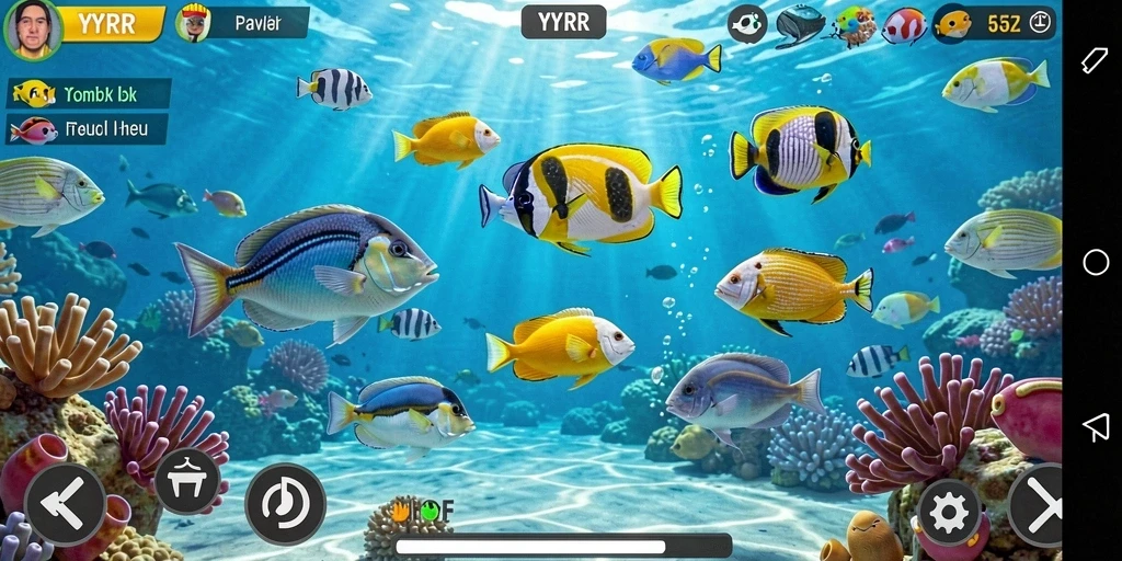 Tampilan gameplay YYRR saat menangkap ikan dengan berbagai senjata.